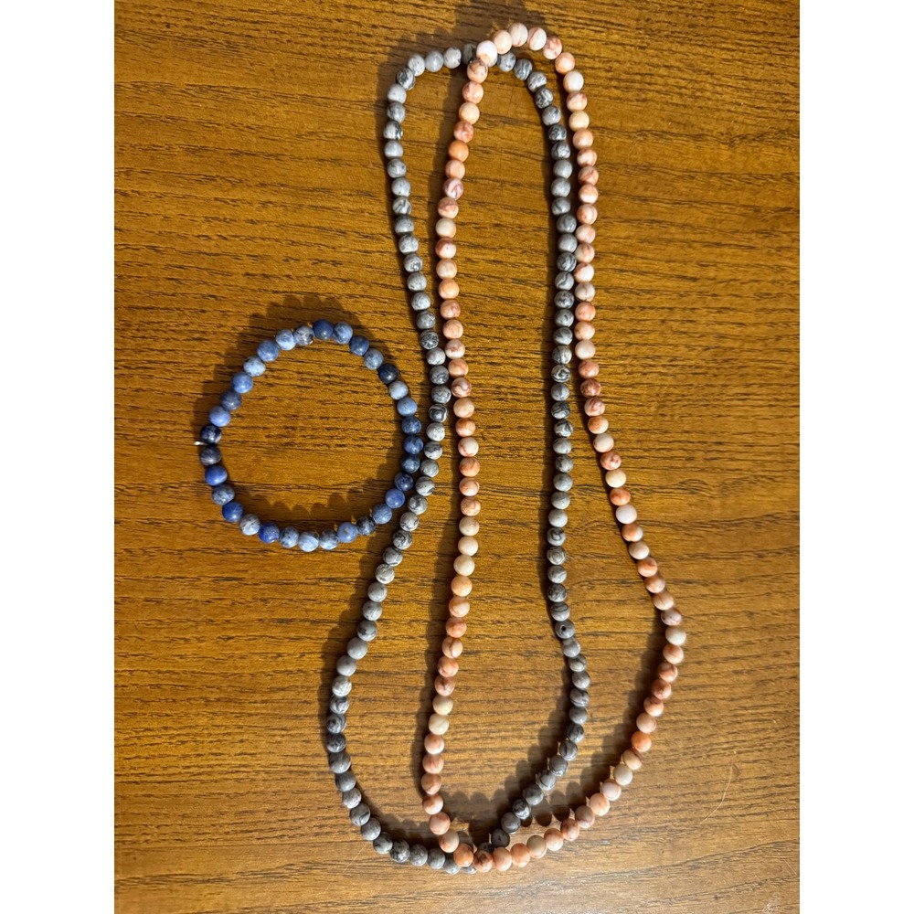 Natural Stone Bead Jewelry Set 2 Necklaces 1 Bracelet Blue Grey Peach Stretchy